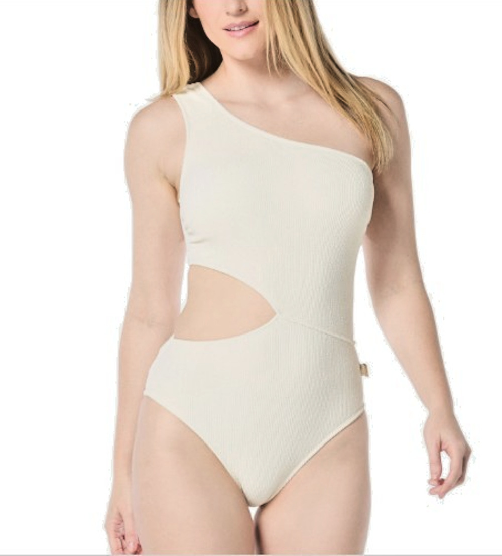 Michael Kors One Shoulder Side Cutout One Piece Swimsuit Ivory Size 8 New